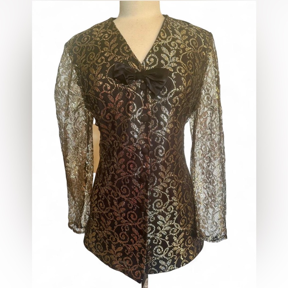 Vintage 80s lace coat jacket fit flair USA sheer sleeves satin buttons bow snap